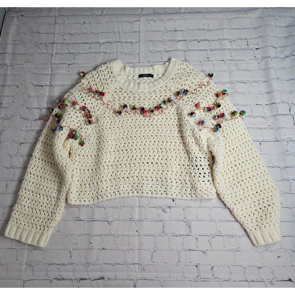 Zara Knit Sweaters - Zara Knit Women Ivory Crochet Pom Pom Cropped Sweater Small Wool Blend